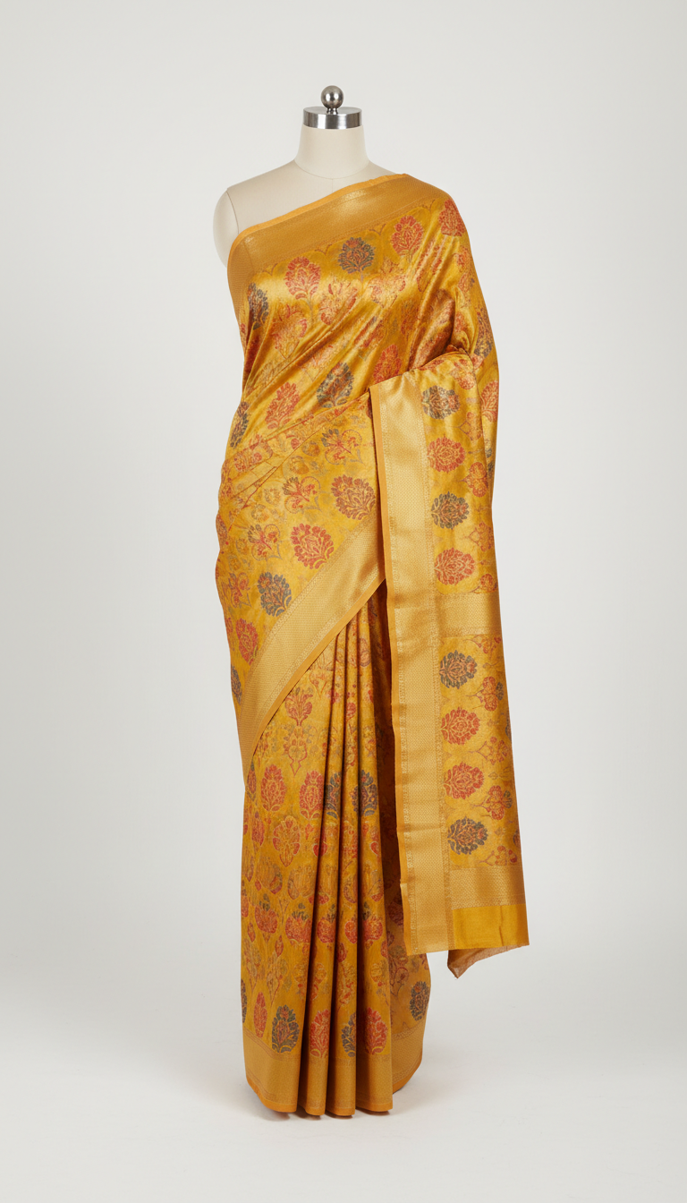 Marigold Yellow Jacquard Motif Silk Saree