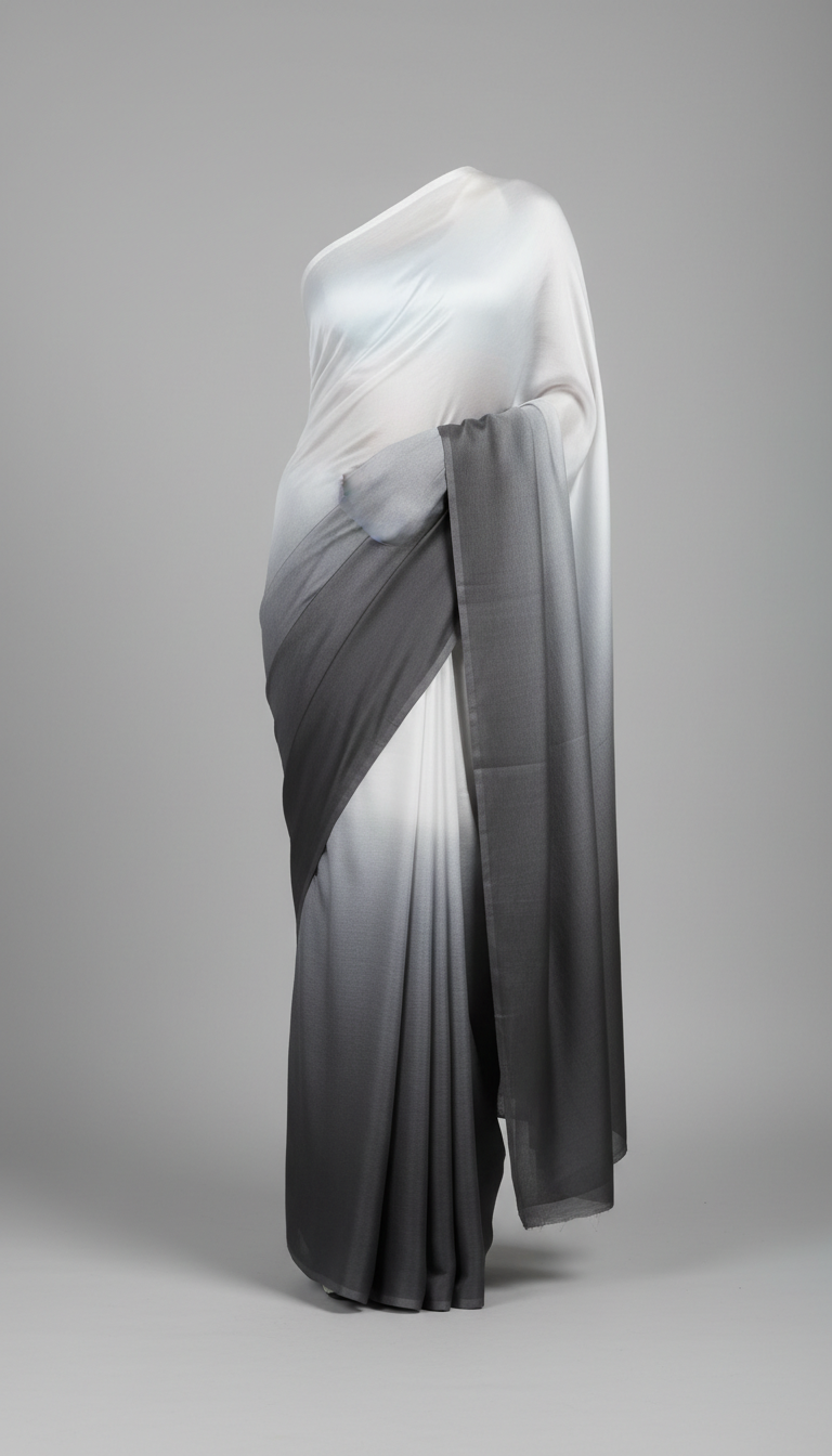 Charcoal and Cloud White Ombré Silk Saree