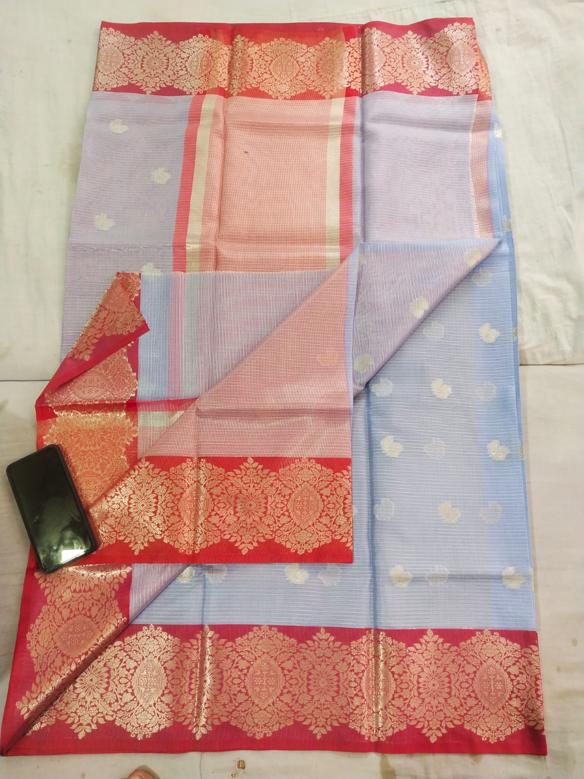 Sky Blue Banarasi Silk Saree with Red Gold Zari Border