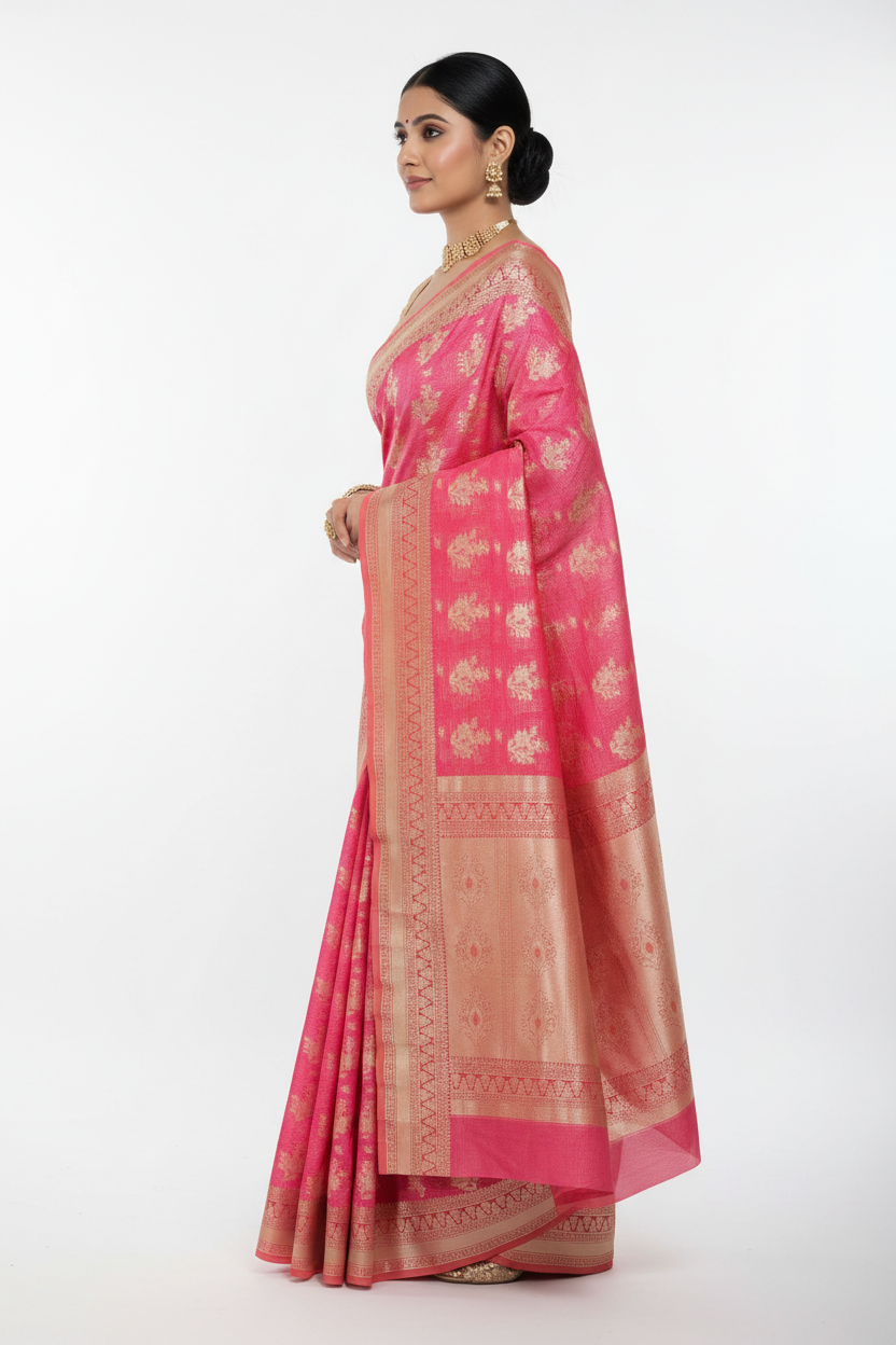 Pink Banarasi Silk Saree - Side view showing pallu drape