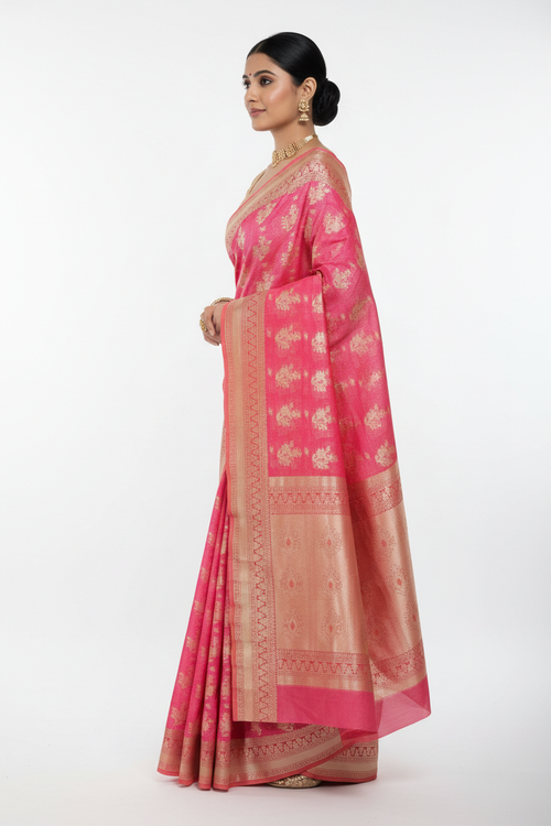 Pink Banarasi Silk Saree - Side view showing pallu drape