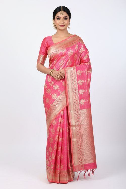 Pink Banarasi Silk Saree - Front view on model