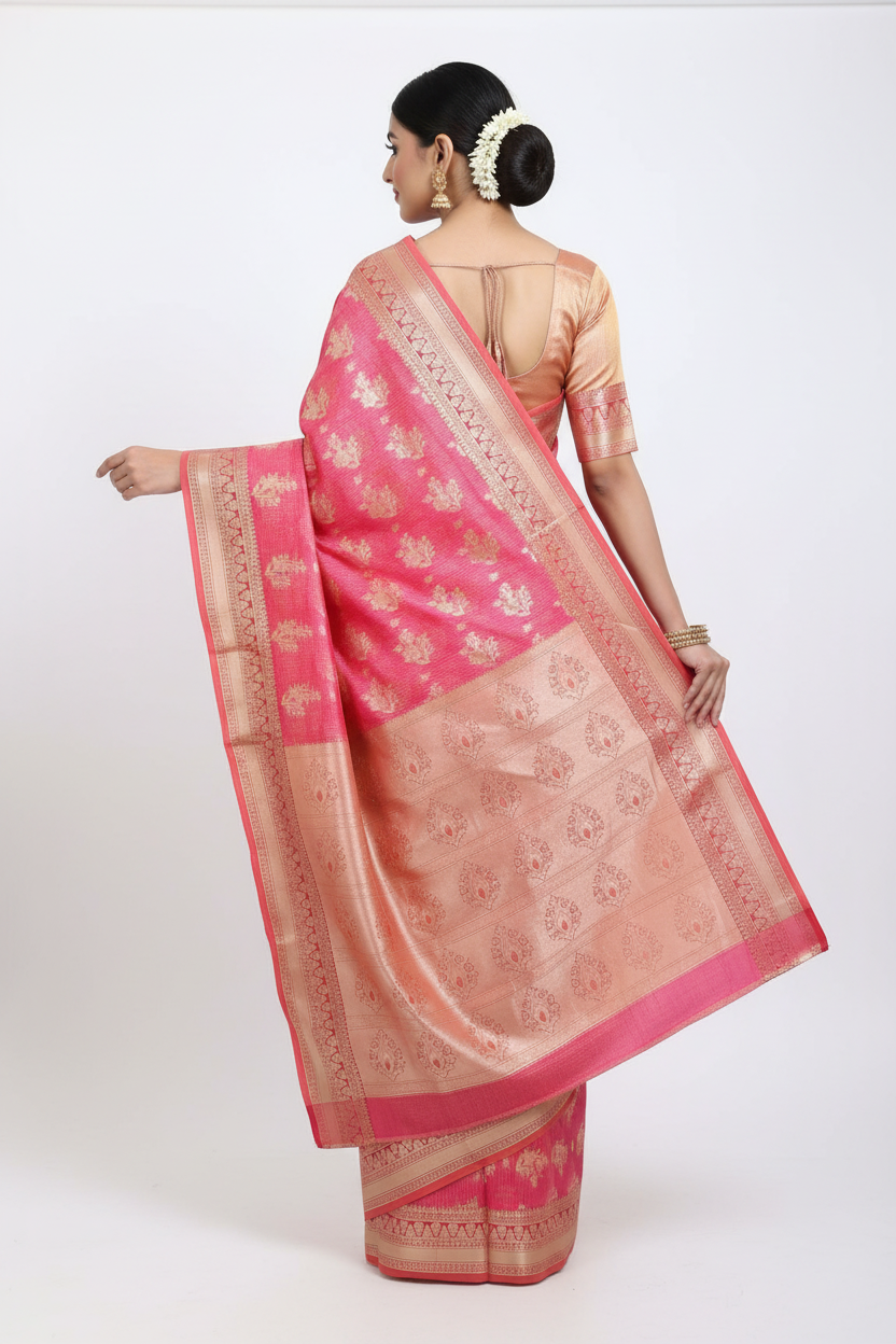Pink Banarasi Silk Saree - Back view showing full pallu